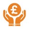 Care hands, money pound sterling support icon. Orange version