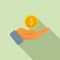 Care money coin hand icon flat vector. Investment credit