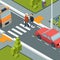 Care person crossing street. Urban city crosswalk of disabilities man with helper vector isometric concept