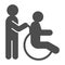 Care for a person in a wheelchair solid icon, disability concept, disable person wheelchair sign on white background