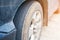 Care use unsafe tire, Change time for a front wheel rubber worn, bald, black, old and low tread car tires. Driving on worn tires