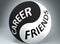 Career and friends in balance - pictured as words Career, friends and yin yang symbol, to show harmony between Career and friends