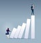 Career ladder. Businesswoman pushing bar chart with other man on top