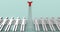 Career ladder. Concept. The red symbol of a man on the staircase rises above the row of whites. Isolated. 3D Illustration
