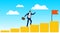 Career ladder. The path to the top. A male businessman climbs the steps of gold coins to the top with a red flag. Vector