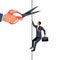 Career obstacle. Businessman climbs up rope. Vector