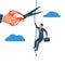 Career obstacle. Businessman climbs up rope. Vector