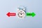 Career vs Family. Red arrow and green arrow- direction indicator - choice of Career or Family. Concept of choice. Two Arrows and