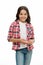 Carefree and casual. Girl cute checkered shirt and denim pants looks happy cheerful. Child girl happy carefree enjoy