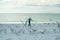 Carefree child. Child chasing birds near summer beach. Excited boy running on the beach with flying seagulls birds.