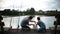 Carefree dad and son preparing to fish on the lake