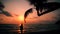 Carefree girl with tanned skin and long hair enjoy vacation on tropical beach on background sea and beautiful sunset