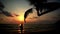 Carefree girl with tanned skin and long hair enjoying summer vacation on tropical beach on background sea and beautiful sunset