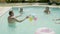 Carefree parents and kids playing ball in swimming pool