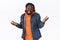 Carefree, relaxed and unbothered stylish african-american man in denim jacket, orange hoodie, raising hands sideways