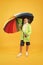 Carefree schoolgirl colorful umbrella wear waterproof rain coat. Autumn rain. Going to school rainy days more fun with