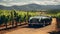 A carefree summer road trip snapshot capturing a convertible driving along a scenic vineyard