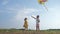 Carefree time, joyful children have fun playing with kite in forest glade, relaxing in nature against blue sky