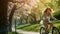 Carefree woman enjoys a bike ride through a lush green park embracing spring vitality