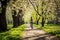 Carefree woman enjoys a bike ride through a lush green park embracing spring vitality