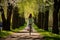 Carefree woman enjoys a bike ride through a lush green park embracing spring vitality