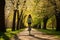 Carefree woman enjoys a bike ride through a lush green park embracing spring vitality