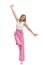 Carefree Woman In Striped Wide Legs Trousers Is Standing On One Leg With Arms Outstretched