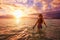 Carefree woman in the sunset on the beach. vacation vitality healthy living concept.