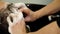 Careful master washes client hair with shampoo above sink