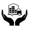 Careful transportation of the cargo sign. Moving home sign. Transportation of things by boxes. Hands and truck carrying things