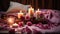 a carefully arranged scene with aromatic candles illuminating a space filled with roses on a wooden table. Ensure