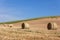 Carefully cultivated Tuscan hills meadows with bales of hay and clear horizon.