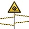 Carefully cutting shafts. Safety sign. The triangular sign on a pole with warning bands. Yellow sign with black image