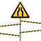 Carefully narrow the passage. Safety precautions. Warning sign. Yellow triangle with black image on the pole. barrier