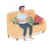 Careless male eating junk food on sofa semi flat color vector character