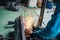 Careless worker use hand welding without safety gloves