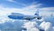 Cargo Aircraft Soaring Through the Clear Blue Sky with Fluffy White Clouds and Bright Sun