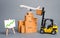 Cargo airplane, forklift truck with cardboard boxes and green arrow up. Increase freight transportation and delivery volumes