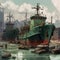 Cargo boats in shipyard port, created using generative ai technology