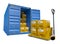 Cargo container with boxes and pallet trolley