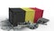 Cargo container with flag of Belgium breaks container with EXPORT text. Conceptual 3D animation