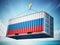 Cargo container with flag of Russia against blue sky. 3D illustration