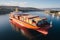 A cargo container ship is in the middle of the water, aerial view.