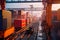 cargo containers or heavy boxes move on rails in a seaport, Foggy Late afternoon, Generative AI