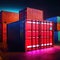 Cargo containers stacked, high technology modern advanced shipping tech represented by cyberpunk lights