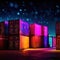 Cargo containers stacked, high technology modern advanced shipping tech represented by cyberpunk lights