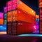 Cargo containers stacked, high technology modern advanced shipping tech represented by cyberpunk lights