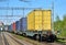 Cargo Containers Transportation On Freight Train By Railway. Intermodal Container On Train Car. Rail Freight Shipping Logistics