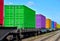 Cargo Containers Transportation On Freight Train By Railway. Intermodal Container On Train Car. Rail Freight Shipping Logistics