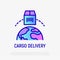 Cargo delivery thin line icon. Package moving around the globe. Logo for logistics. Modern vector illustration